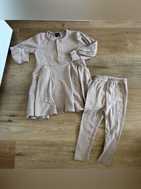 Little Bipsy Taupe Beige Dress & Legging Set Ribbed Cotton Size 4-5 Toddler Girl